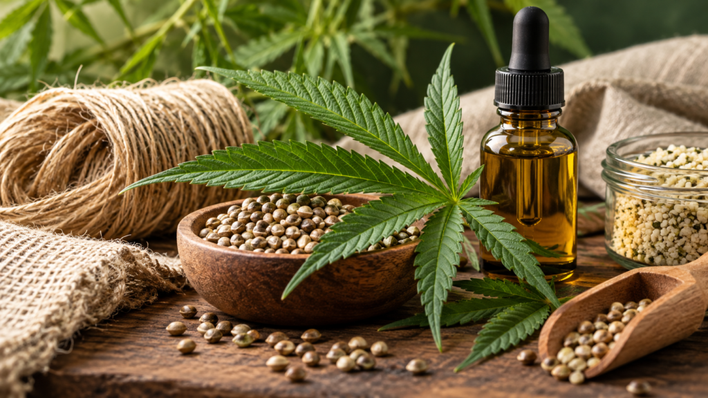 Hemp leaves, seeds, natural fiber and botanical ingredients representing hemp education and modern wellness